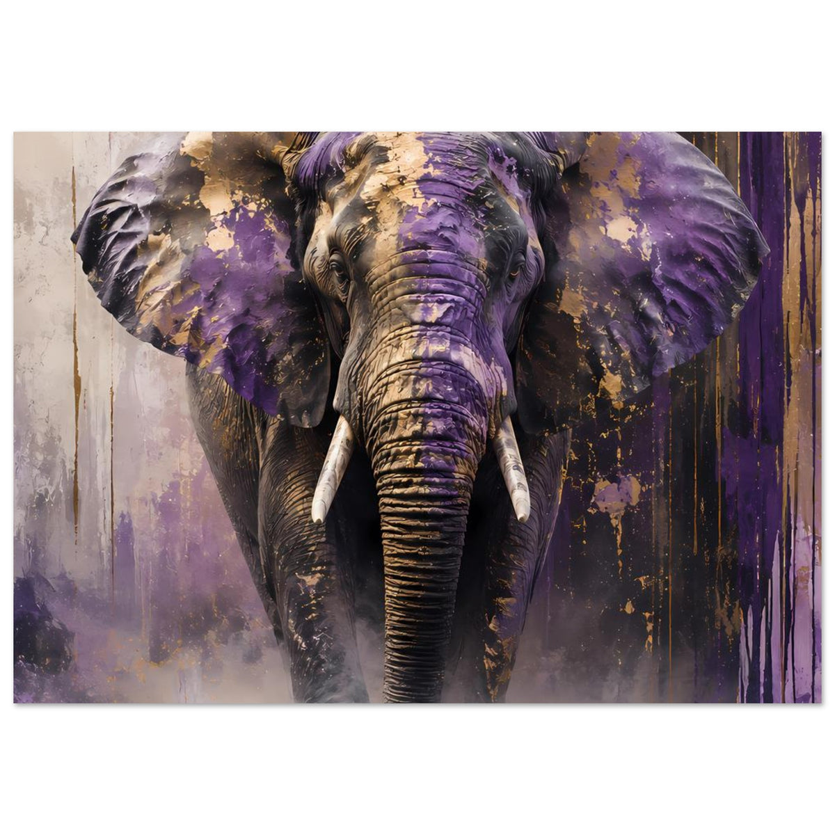 Tierposter Elefant in Violett und Gold, Nahansicht von Kopf, Rüssel und Ohren