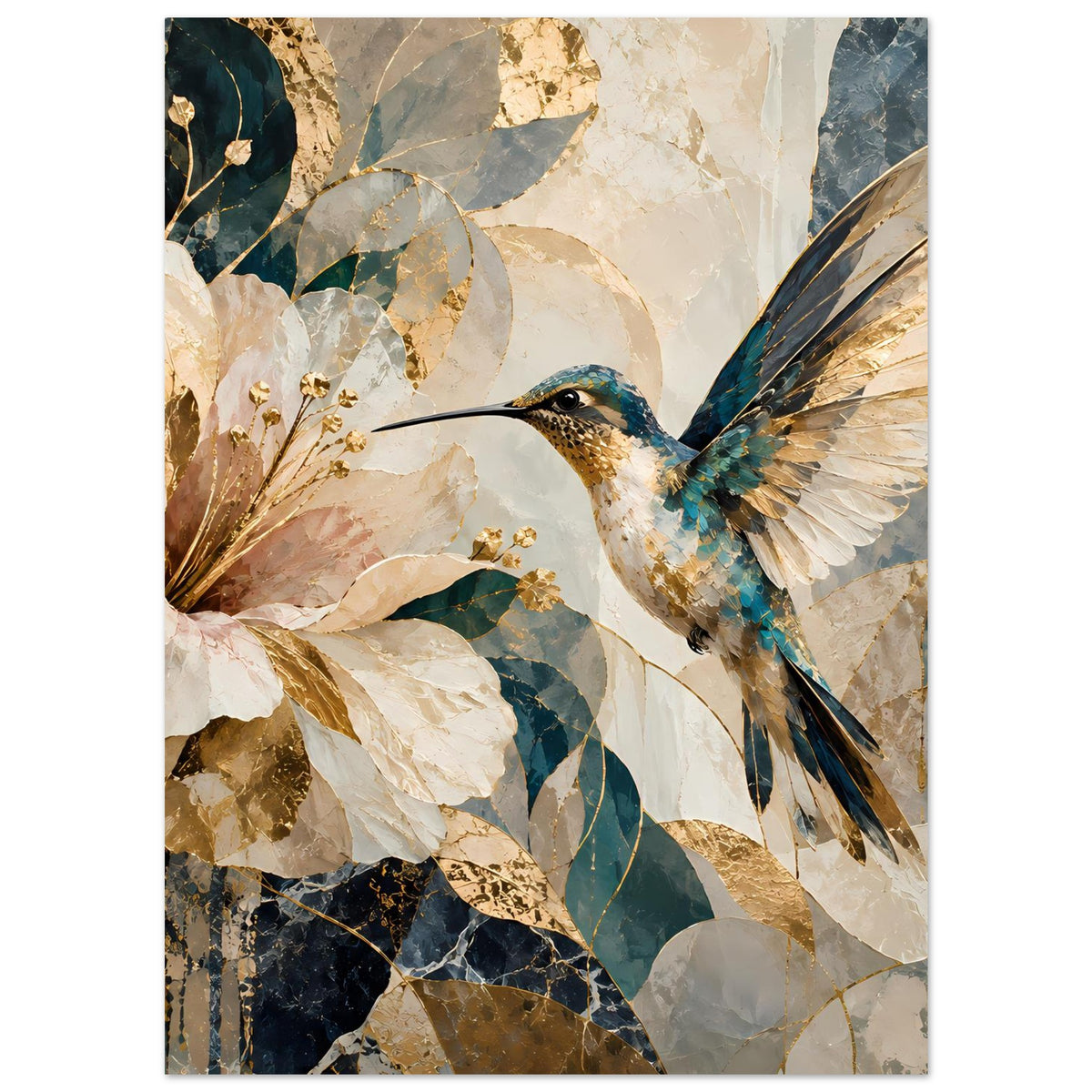 Vertikales Kunstposter mit Kolibri und floralem Ornament, Beige, Blau und Gold