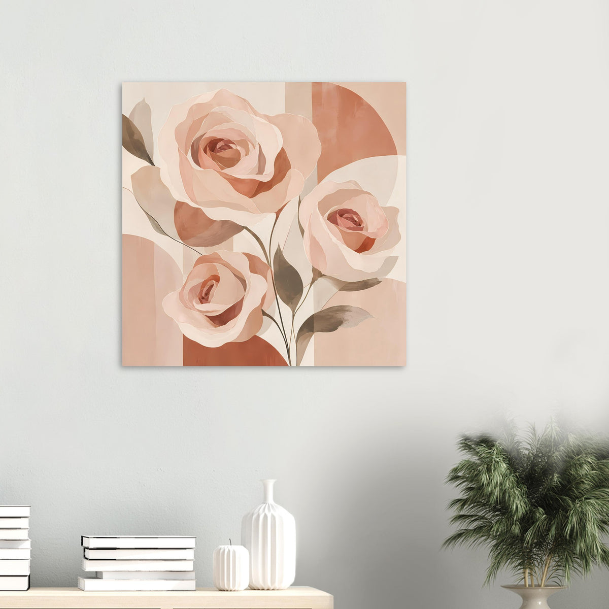 Kleines Quadrat-Rosenposter mit drei rosafarbenen Blüten in Pfirsichtönen und dunklen Blättern