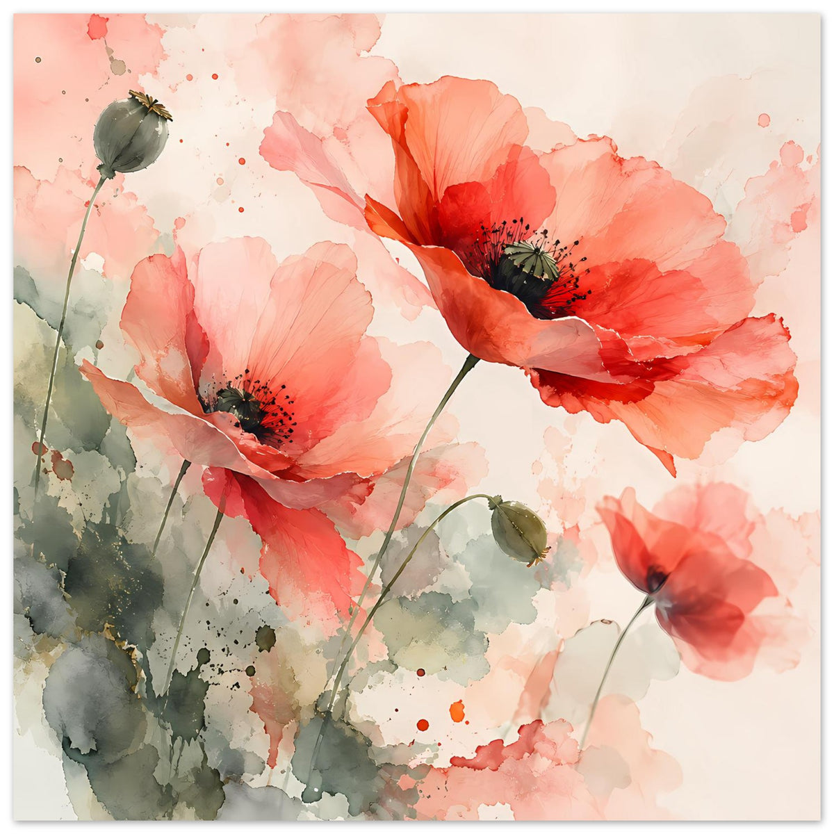 Aquarell-Poster mit Korallrosa Mohnblüten, grünen Knospen und hellen Sprenkeln im Blumenmotiv
