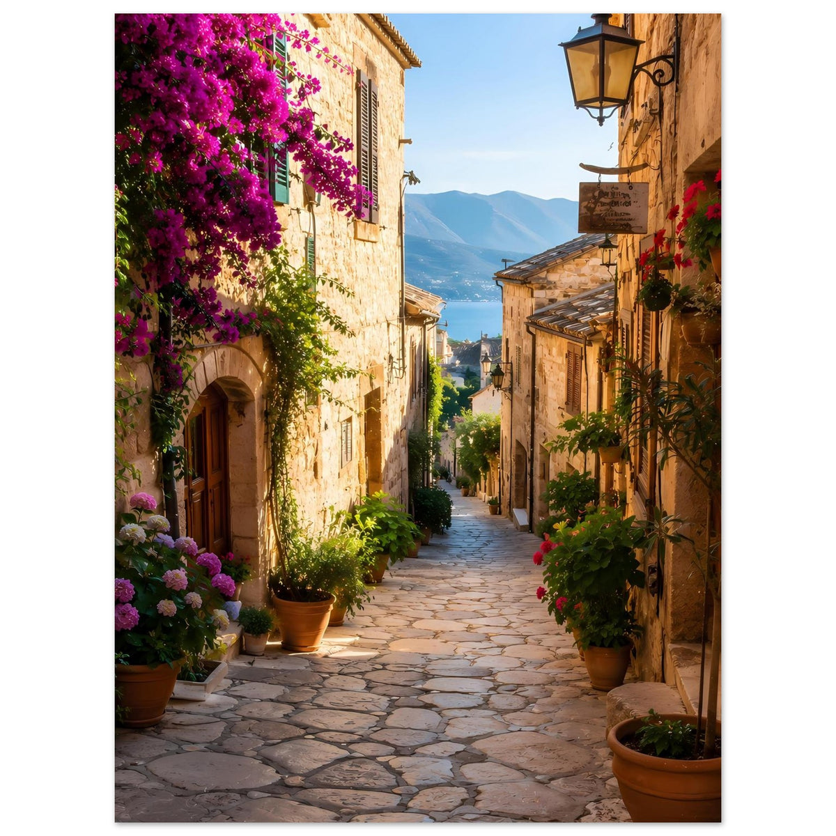 Poster: lange Steingasse mit lila Bougainvillea an der linken Fassade, Laterne und Tontöpfen