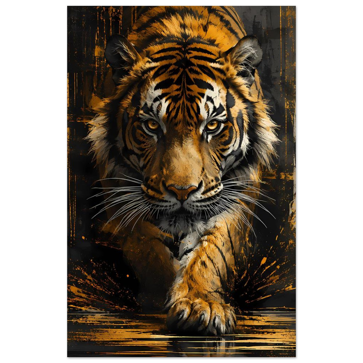 Tiger-Poster im Rahmen: vertikale Darstellung des Tigerkopfs, goldgelbe Augen nach vorn
