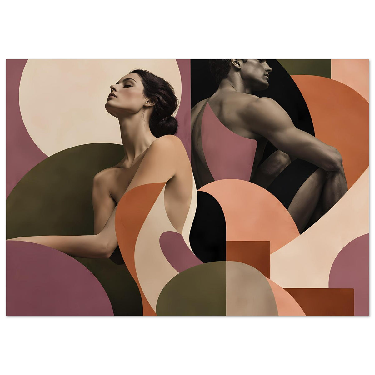 Querformat-Figurenposter mit zwei weiblichen Silhouetten im abstrakten Collage-Design, Terrakotta/Mauve