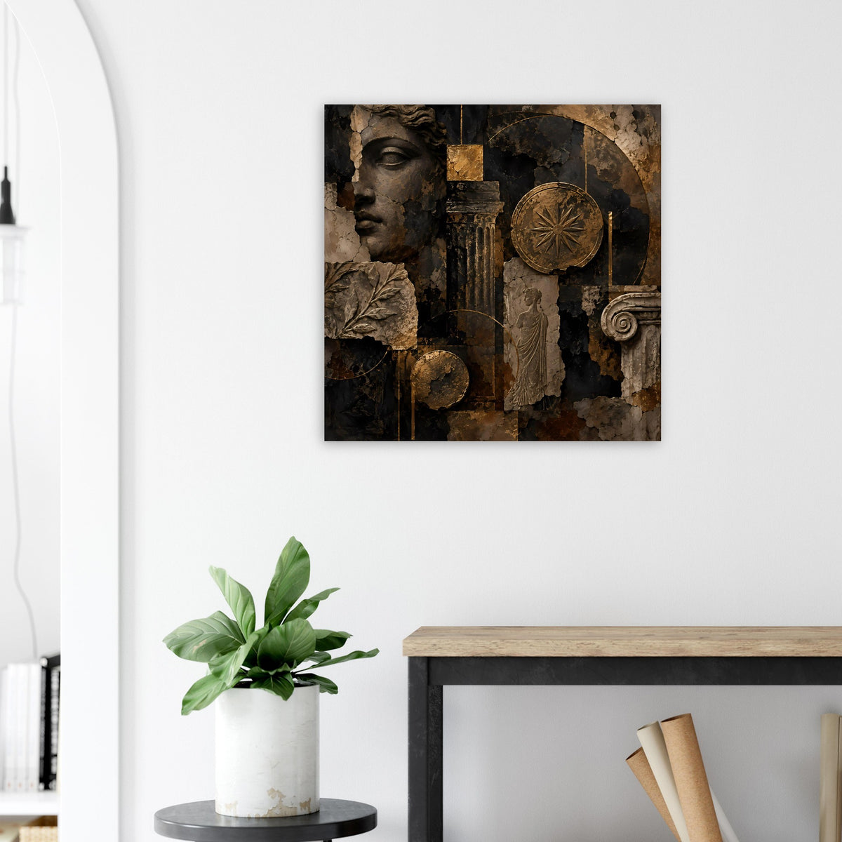 Quadratisches Wandposter mit antikem Reliefmotiv, Gold-Bronze und Schwarzbraun