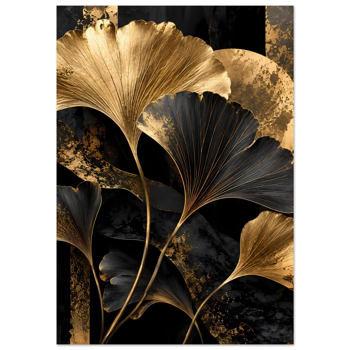 Botanisches Poster mit goldenen und schwarzen Ginkgo-Blättern, vertikal