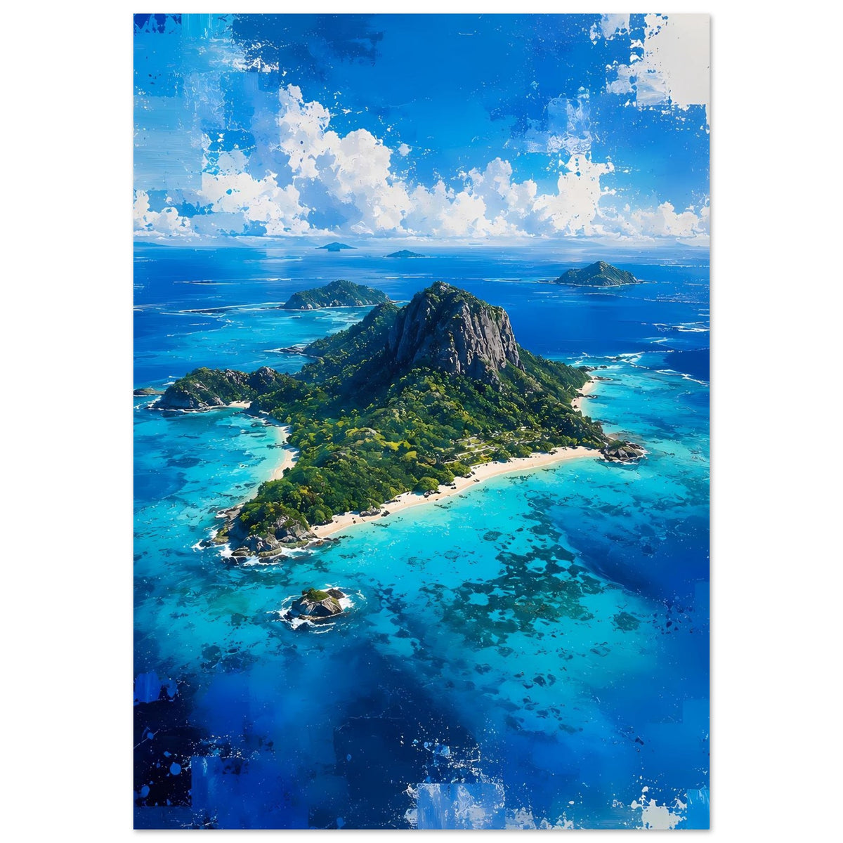 Poster im Hochformat: Inselküste mit Felsberg, türkisblaues Meer und türkisfarbene Flachwasserzonen