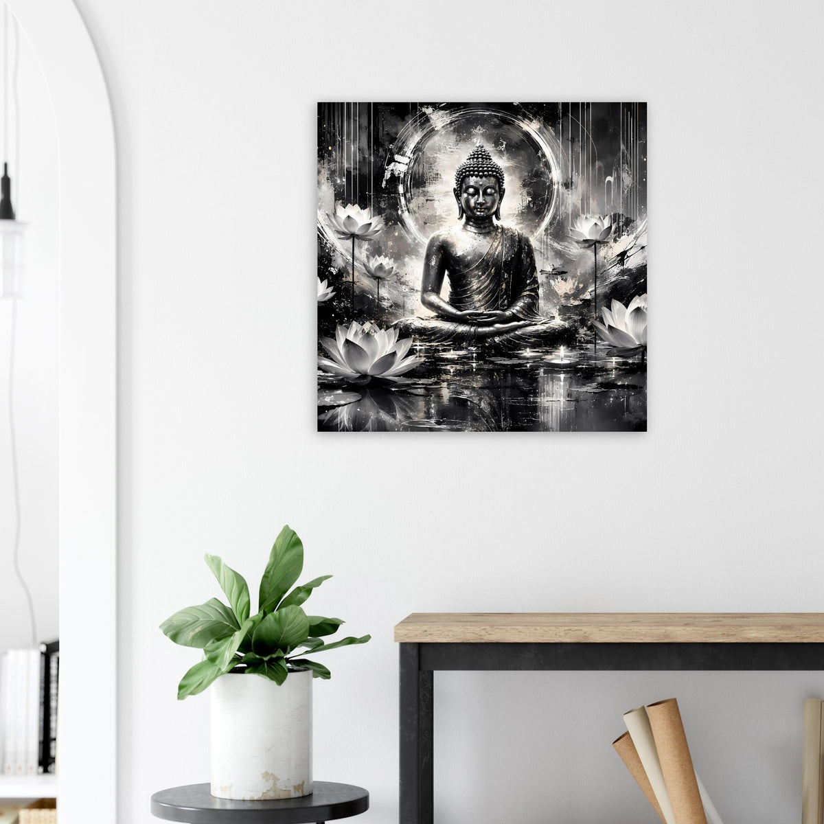 Kunstposter mit Buddha im Meditationssitz, schwarz-weiß, zentrales Gesicht und Lichtkranz