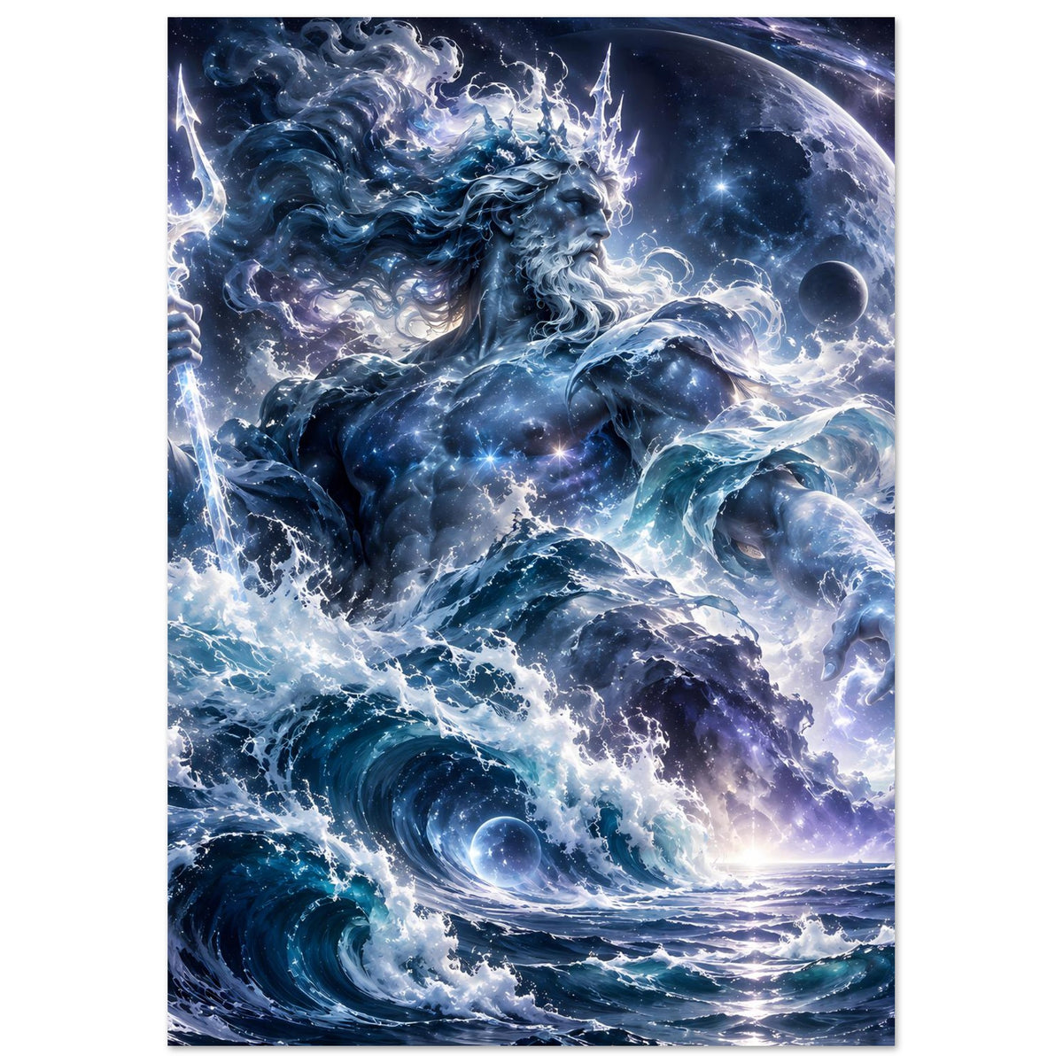 Poster im Hochformat: blaues Fantasy-Meereswesen, kosmische Wellen, Sterne und Monde