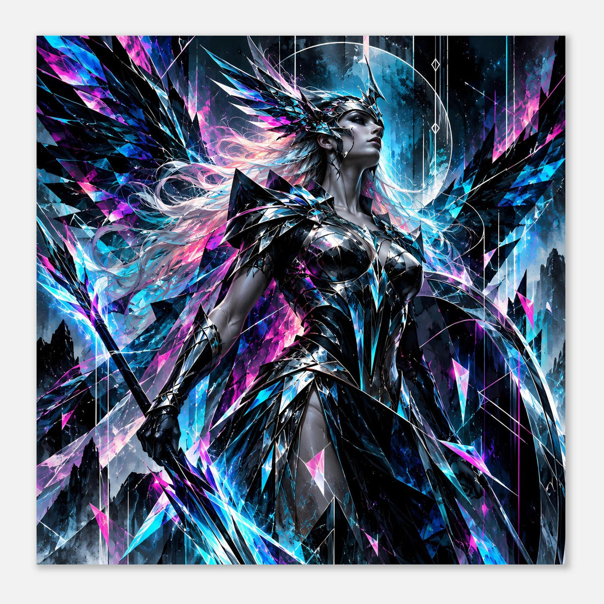 Neon-Valkyrie-Poster im Querformat, weibliche Kriegerin mit silberner Rüstung und Blau-Pink-Aura