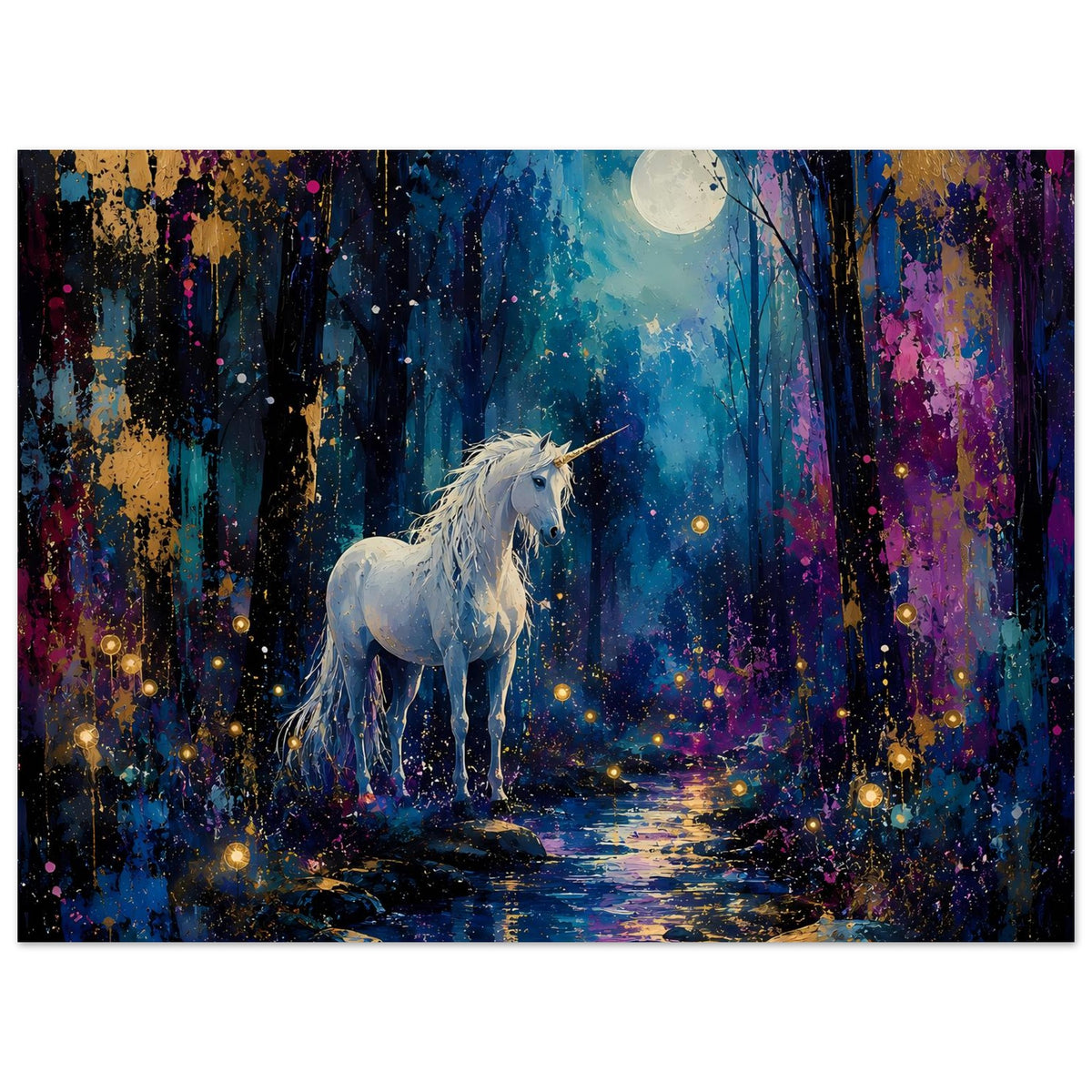 Horizontales Poster mit weißem Einhorn, Vollmond und leuchtende Lichter im Wald