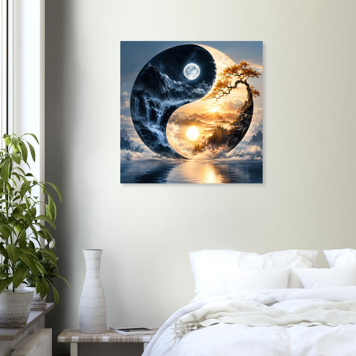Quadratisches Yin-Yang-Poster mit Mond und Sonne über Wolken, dunkelblau und golden.