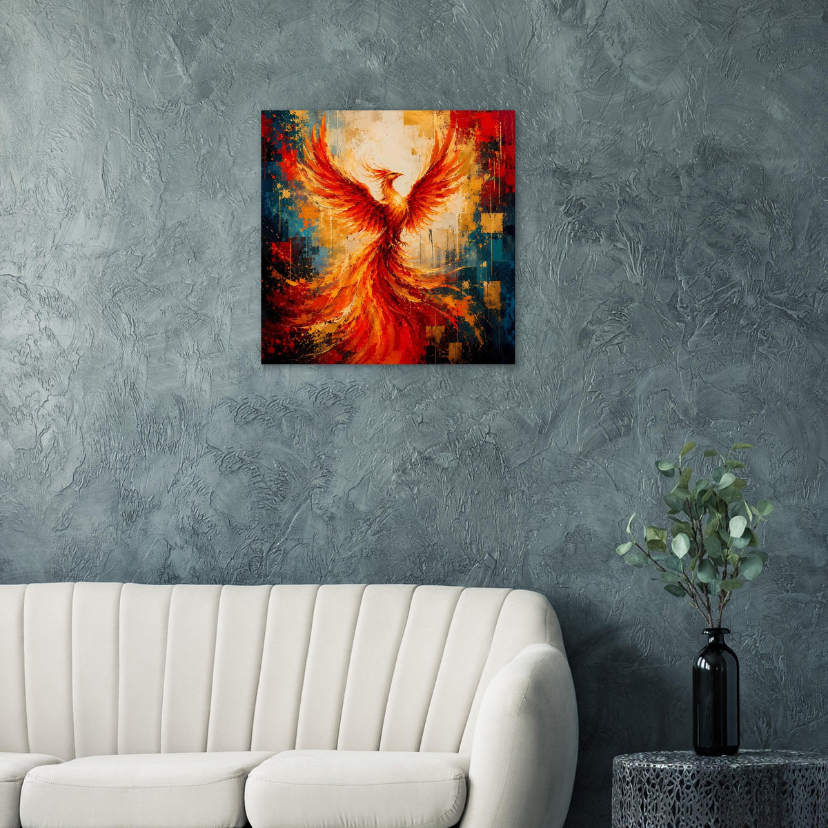 Wandposter mit Phönixmotiv, orange-rotes Flügelschimmern, schwarz gerahmt