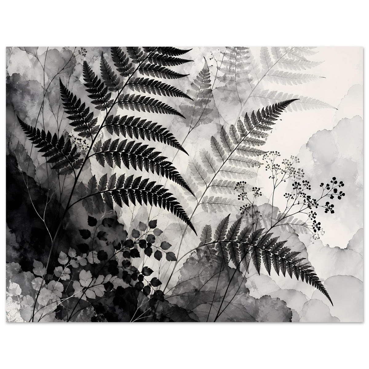 Querformatiges Poster mit Farnwedeln und botanischen Details in Schwarz-Weiß