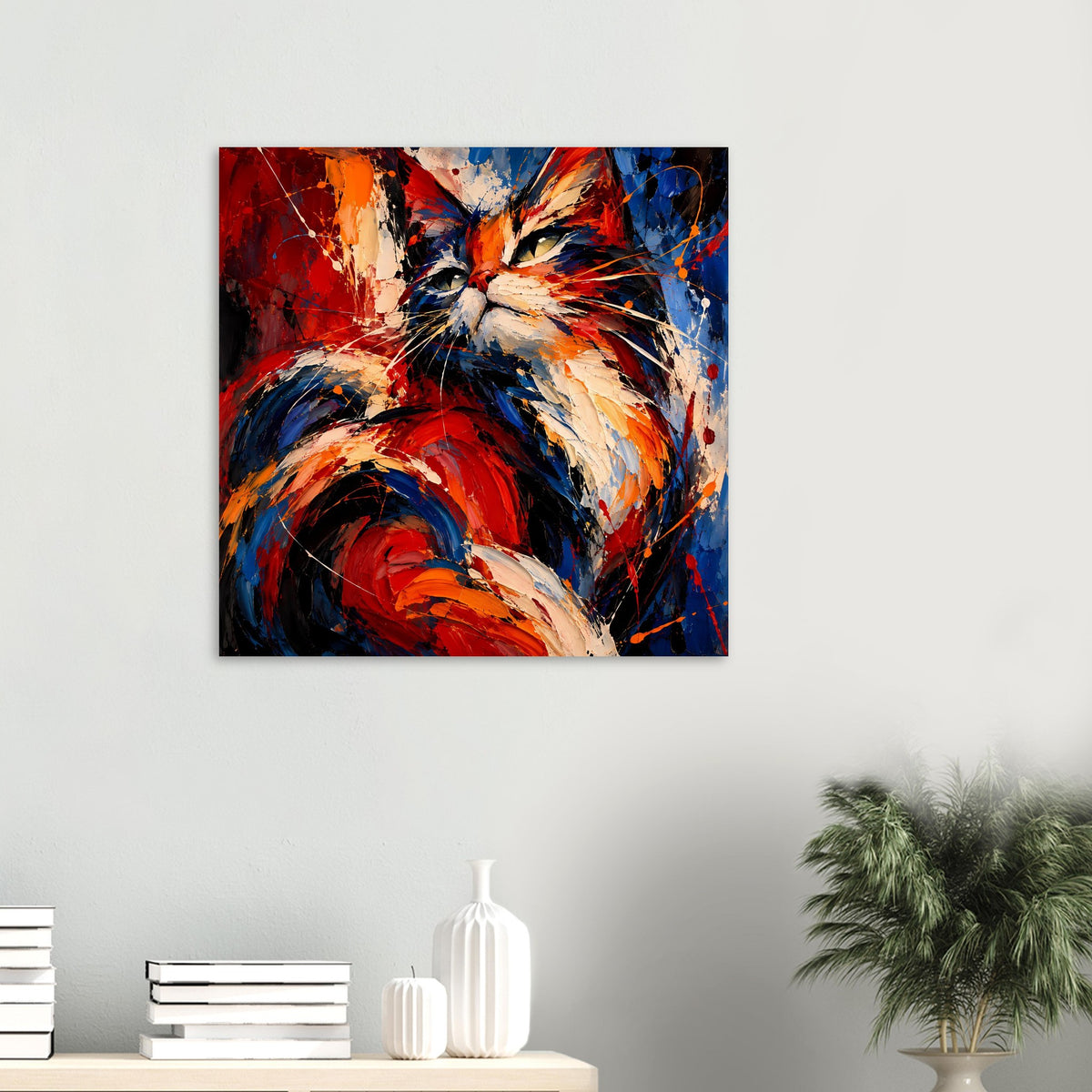 Kleines Poster mit abstrakter Katze: intensive Rot-, Blau- und Weißflächen
