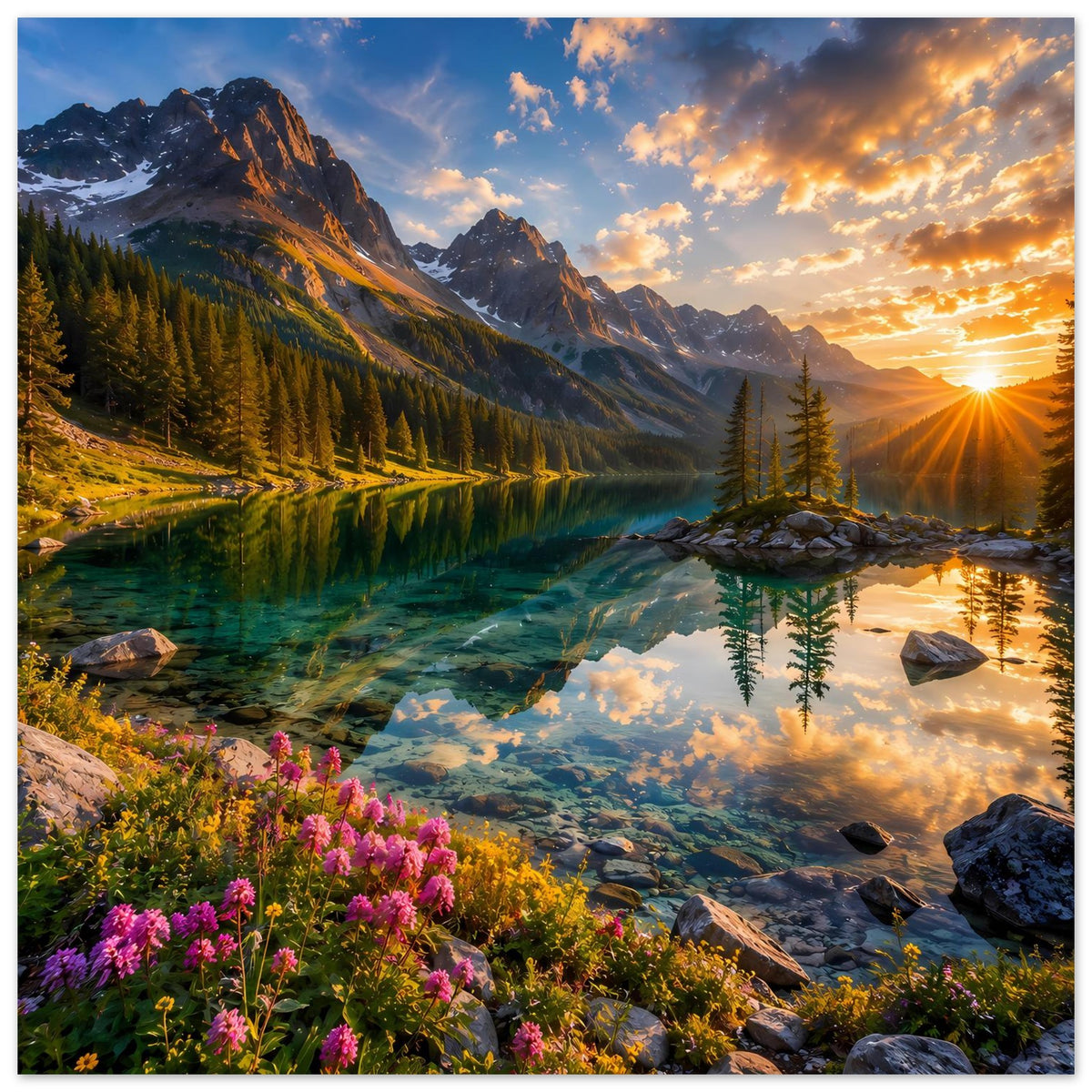 Landschaftsposter: Berge, grünes Tal, See-Reflexion und pinke Blumen im Vordergrund