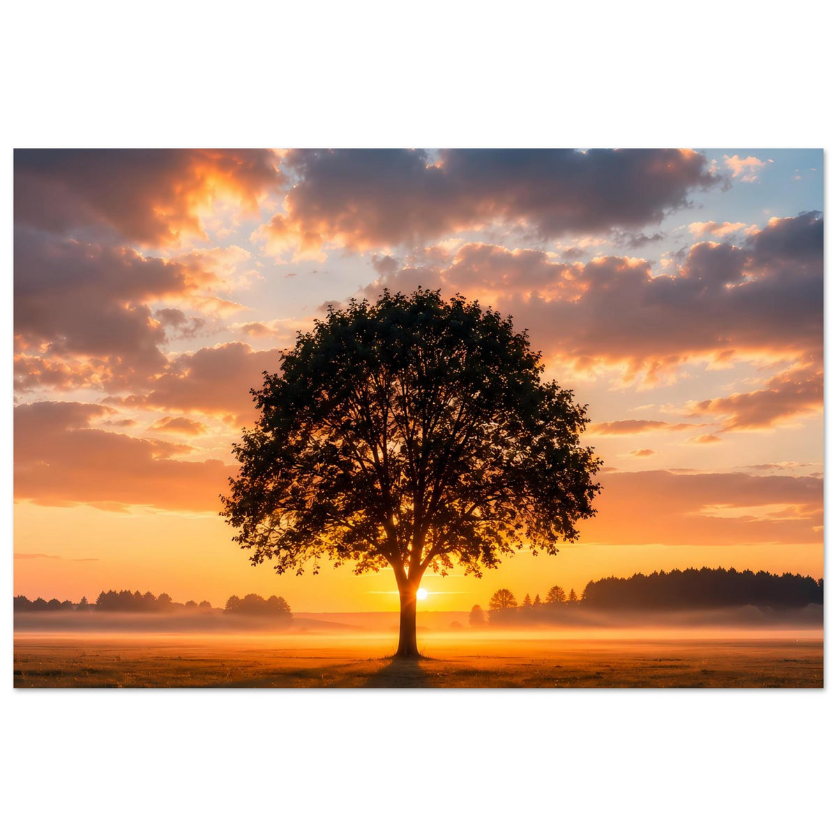 Poster im Querformat: einsamer Baum vor orangefarbenem Himmel mit Wolken