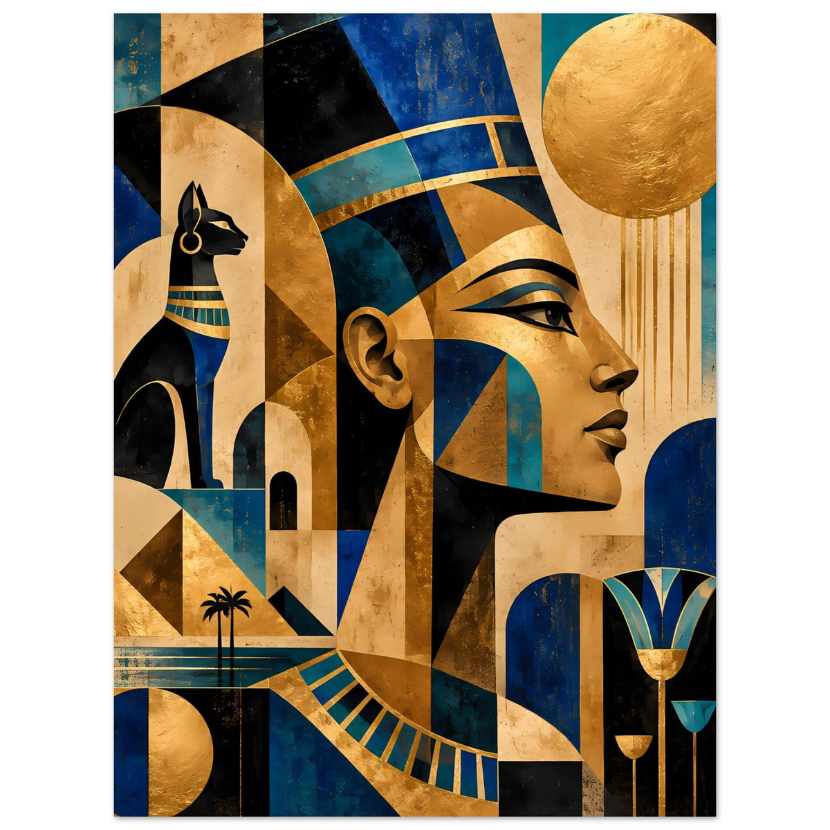 Ägyptisches Kunstposter mit Profilbüste und Pharaonen-Glyphen in Gold- und Blautönen