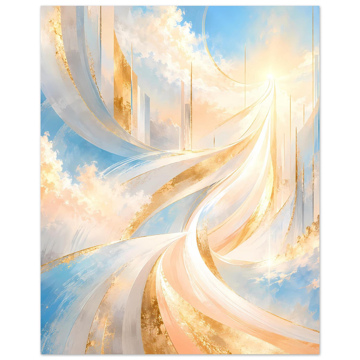 Abstraktes Poster mit goldenen Strukturen, weißen S-Kurven und blau-gelben Lichtflächen