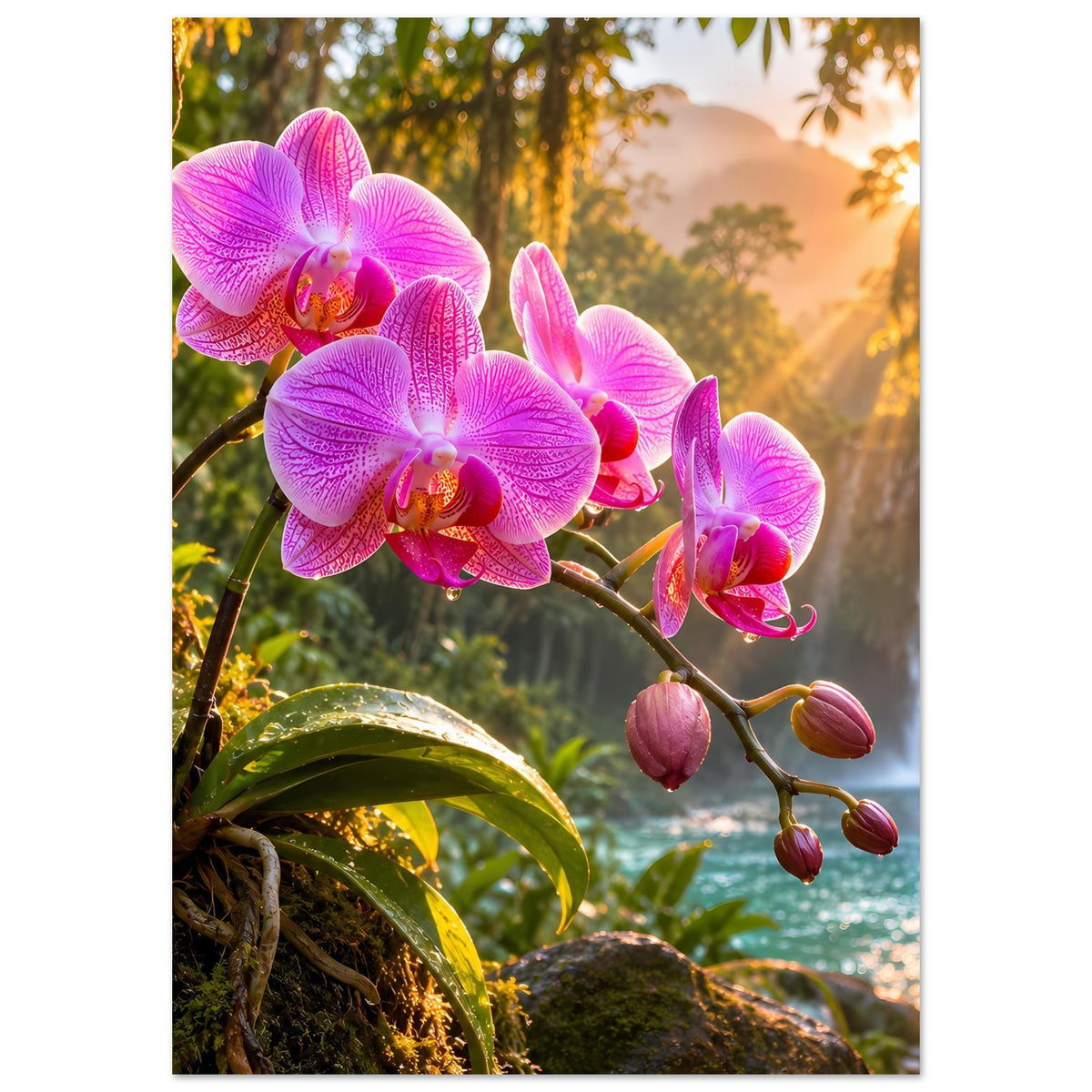 Naturposter: pinke Orchideen auf Ast, mit Blättern und Wasserfall-Landschaft