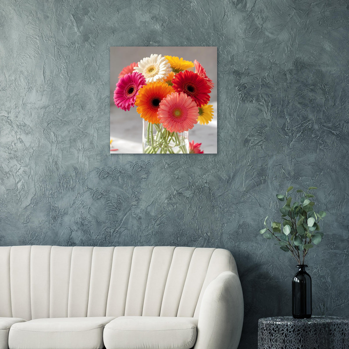 Quadratisches Poster mit buntem Gerbera-Blumenstrauß, Wandmotiv in Vase