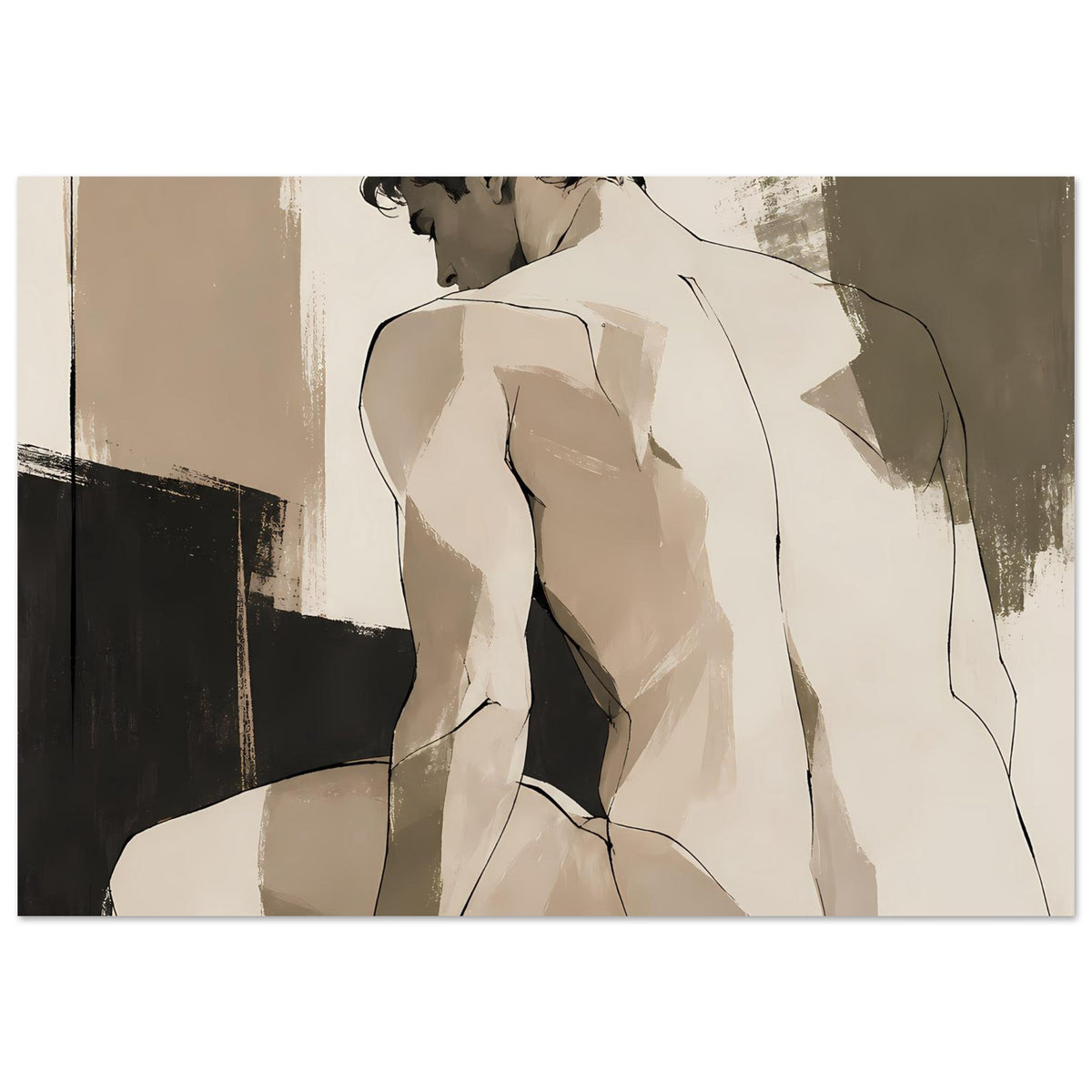 Kunstposter mit sitzender männlicher Figur von hinten, sepia und dunkle Flächen