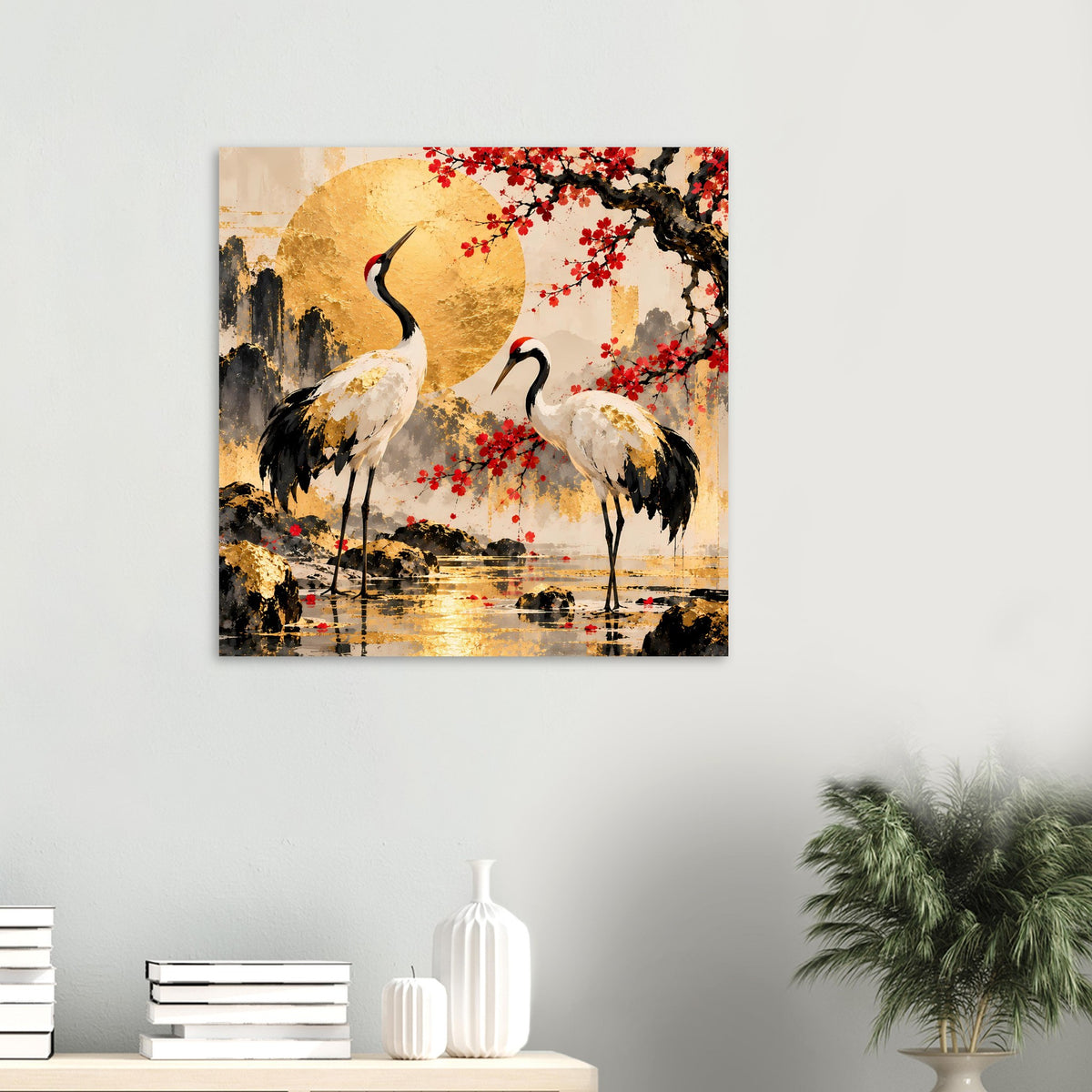 Quadratisches Poster mit Kranichen, roter Kirschblüte und goldenem Lichthintergrund