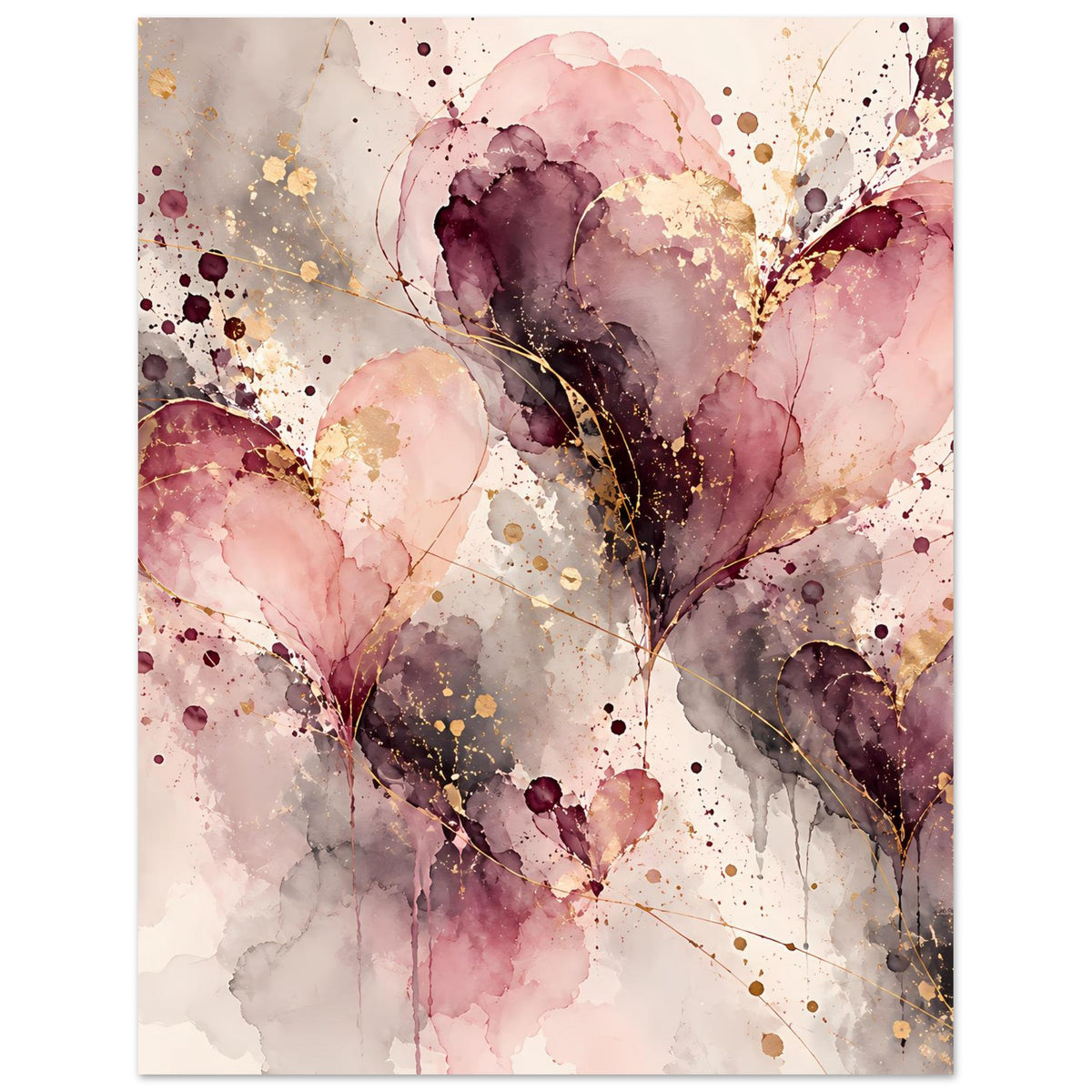 Poster mit abstraktem Herzmotiv in Rosa, Violett und Gold, vertikal