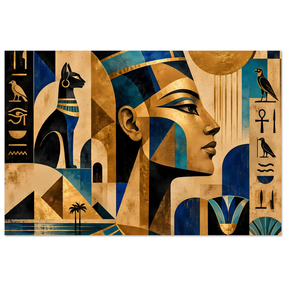 Ägyptisch inspiriertes Poster mit Profilansicht, Goldkreisen, Pflanzenmotiven und schwarzen Hieroglyphen
