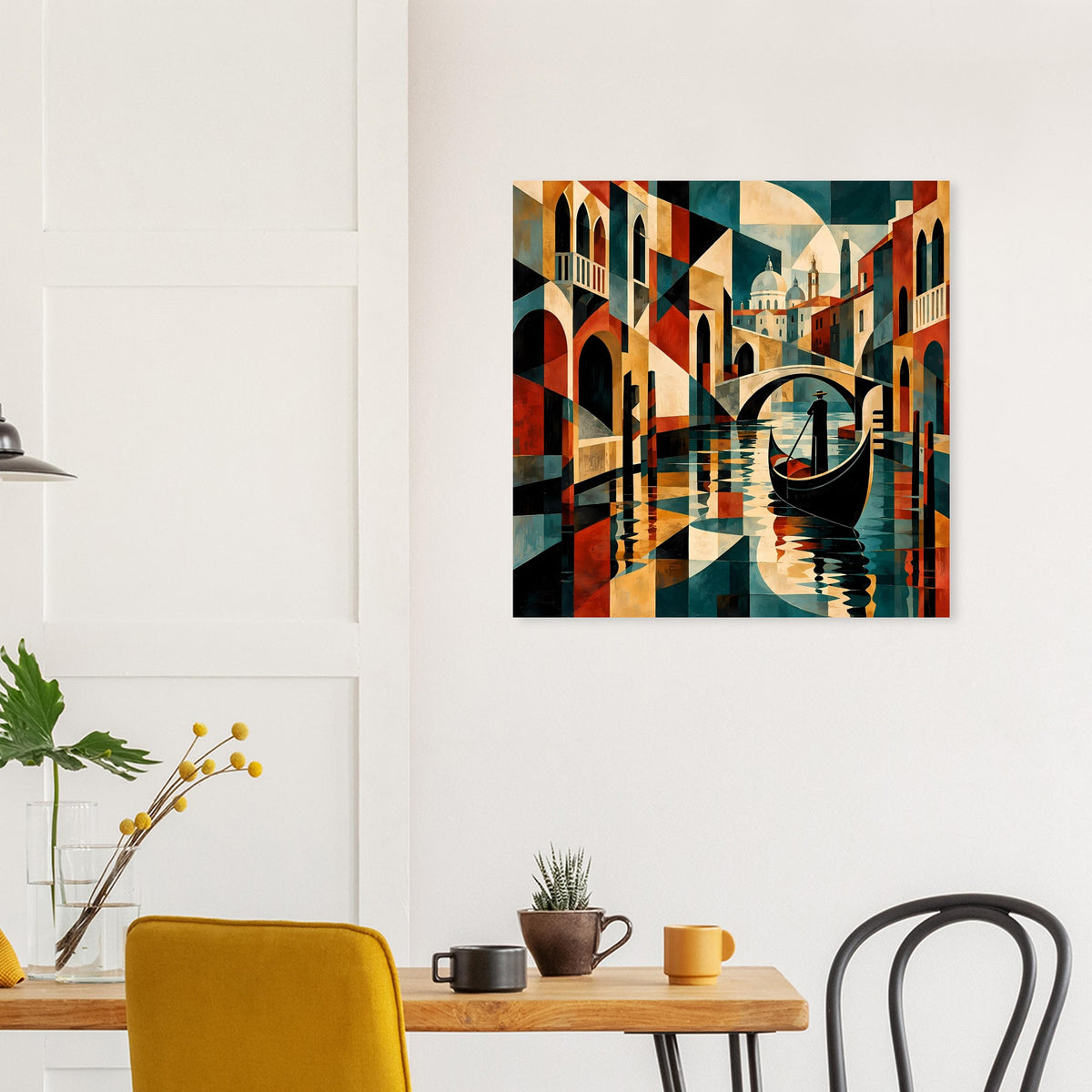 Wandposter mit Kanalansicht: Gondel, Spiegelung und bunte Architekturelemente