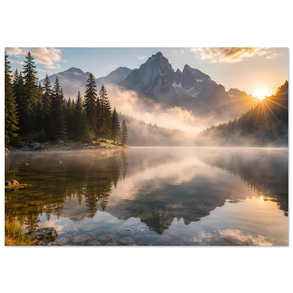 Horizontales Poster: Berge, Waldsee und Sonnenaufgang, Nebel über Wasser, mattes Premiumpapier