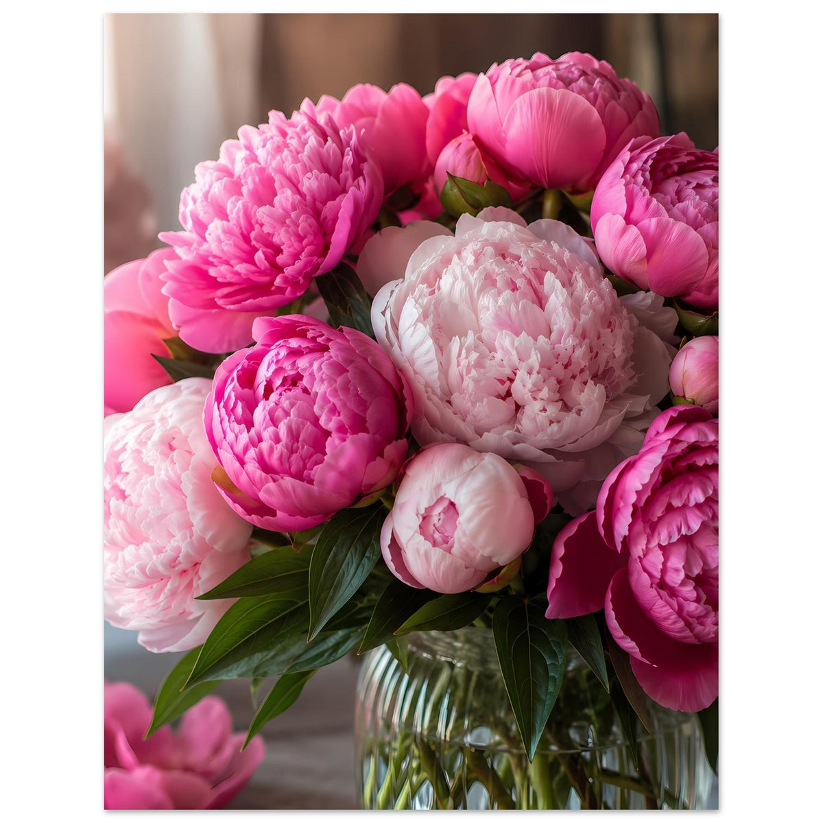 Poster mit naher Ansicht von Pfingstrosen in Rosa, Pink und Weiß in Vase