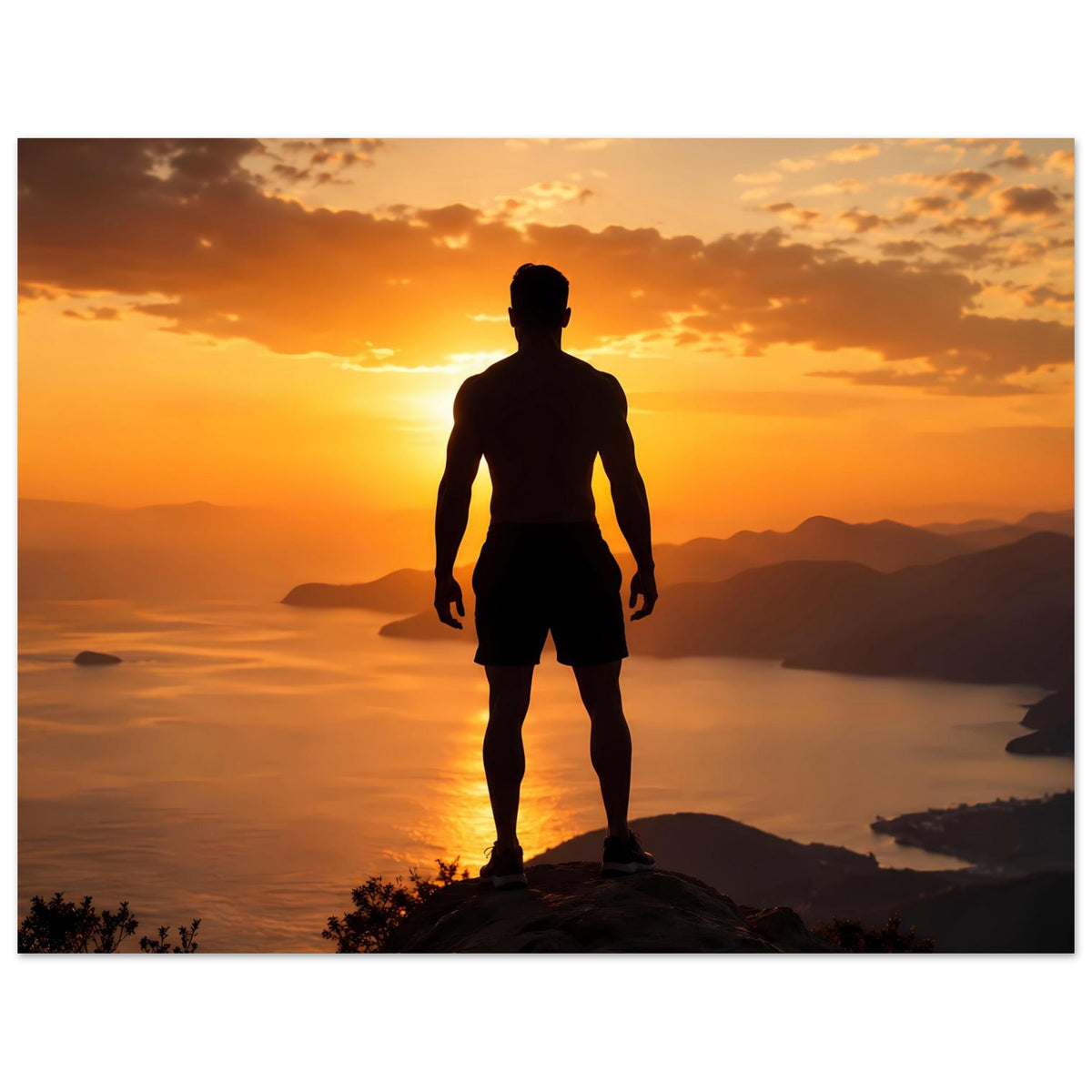 Kunstdruck-Poster: männliche Silhouette bei Sonnenuntergang, Ganzkörper vor Wolkenhimmel