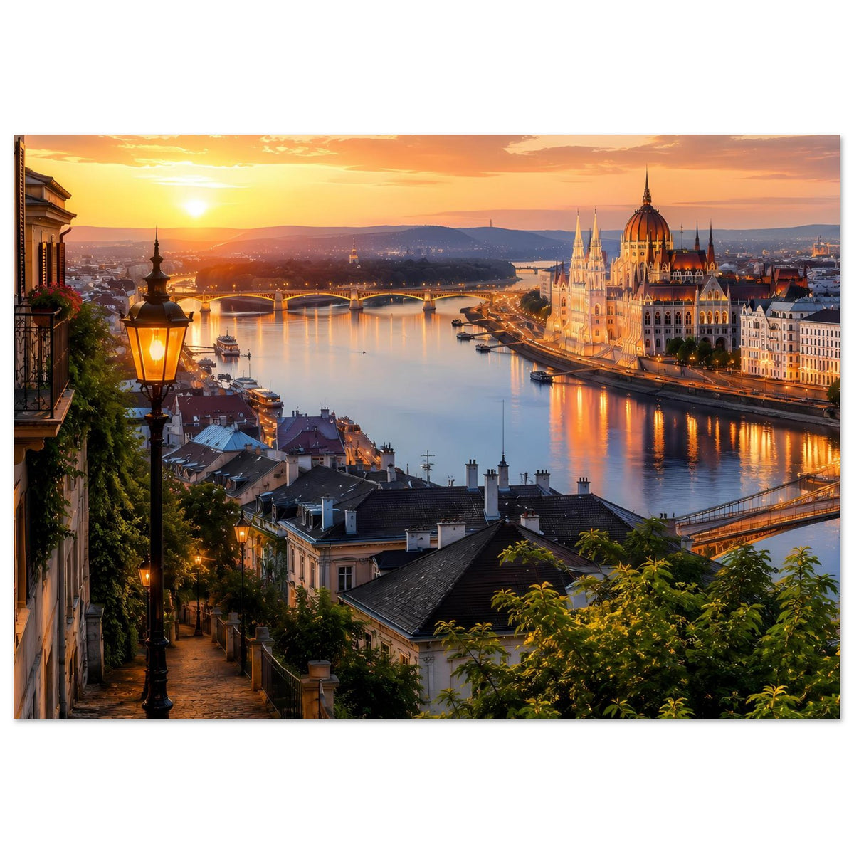 Horizontales Poster mit Sonnenuntergang über der Stadt, Fluss und imposanten Kirchtürmen