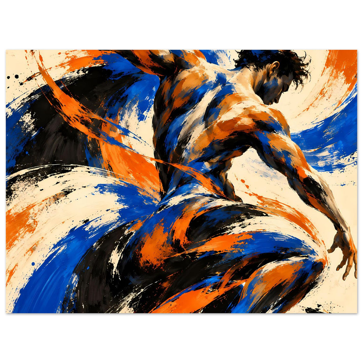 Abstraktes Kunstposter, nahes Motiv der Aktfigur mit kräftigen Blau- und Orangeflächen
