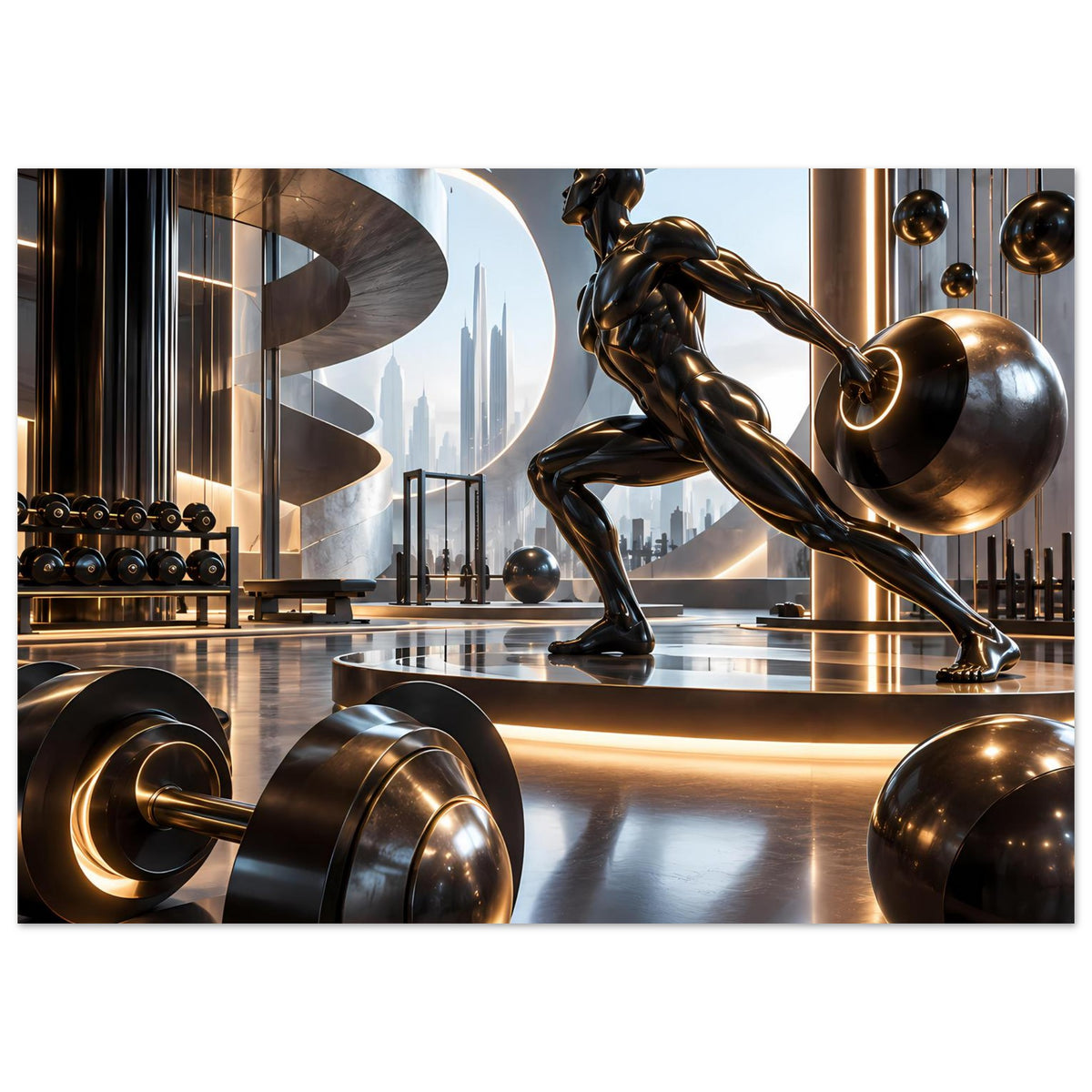 Fitness-Poster mit Bronze-Sportlerin in der Trainingshalle, Hantelscheiben im Vordergrund