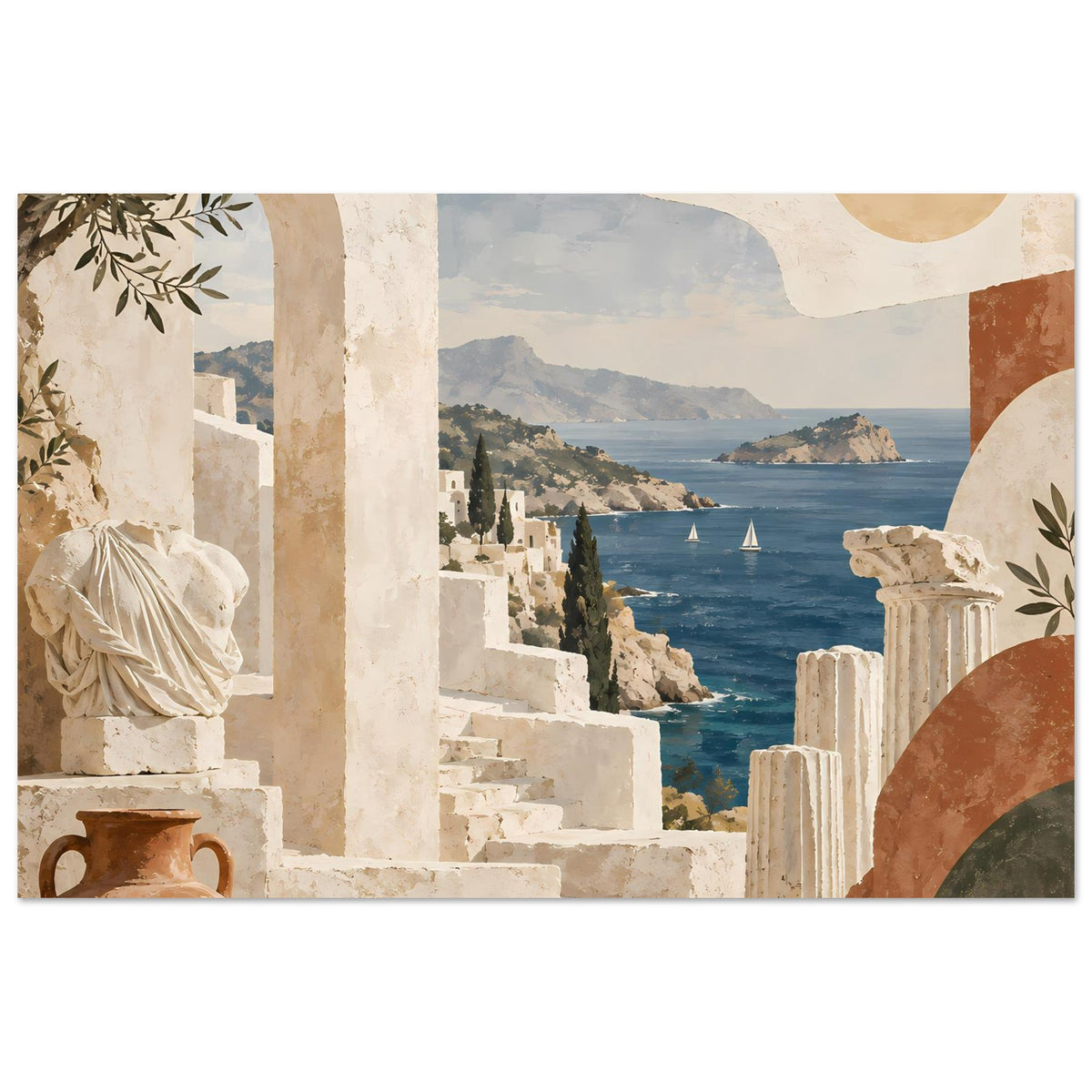 Urlaubs-Poster: mediterrane Küstenansicht mit weißen Säulen, Terrassen und Meer