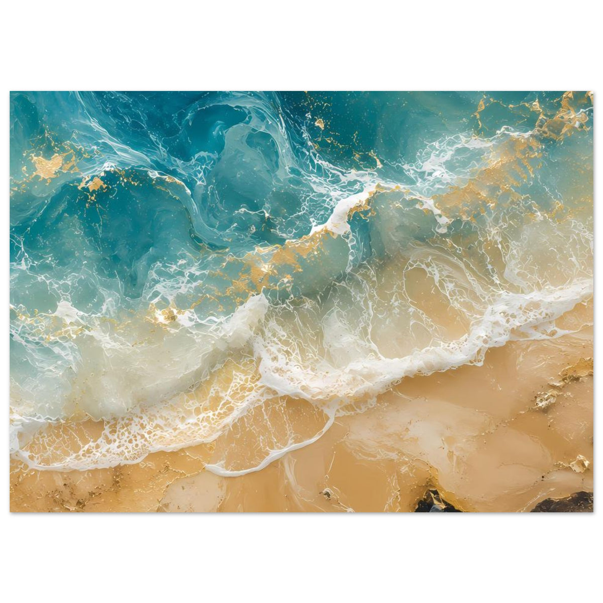 Horizontales Poster mit Ozeanwellen, Sand und weißem Schaum in Blau und Gold