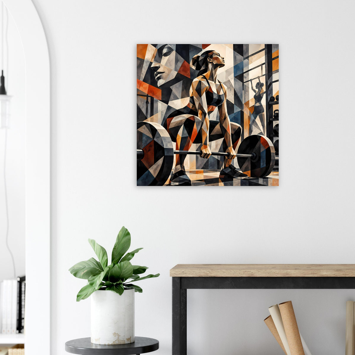 Abstraktes Fitness-Poster mit Personensilhouetten im geometrischen Collage-Stil, schwarz/orange