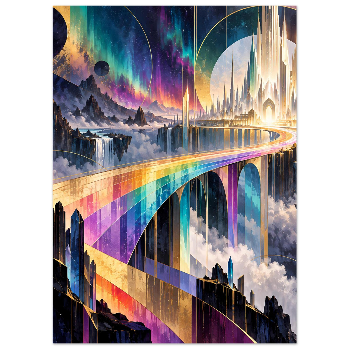 Kunstposter mit Regenbogenbrücke, farbigen Bogenöffnungen und leuchtender Skyline.
