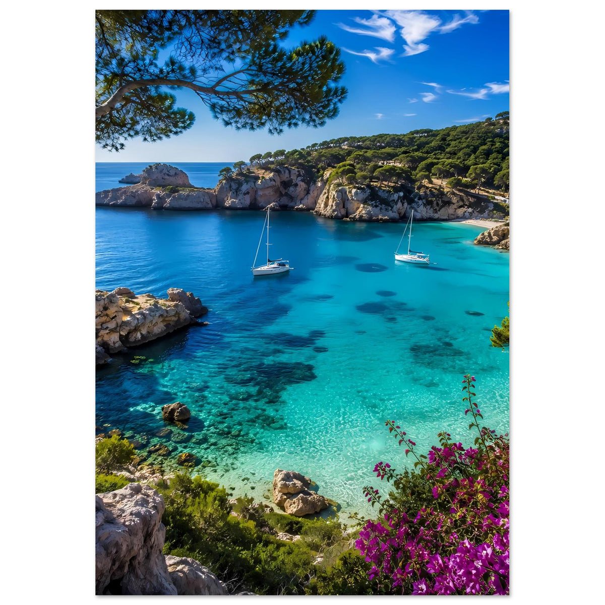 Gedrucktes Poster im Hochformat mit türkisfarbenem Meer, Küstenfelsen, Segelbooten und Blüten.