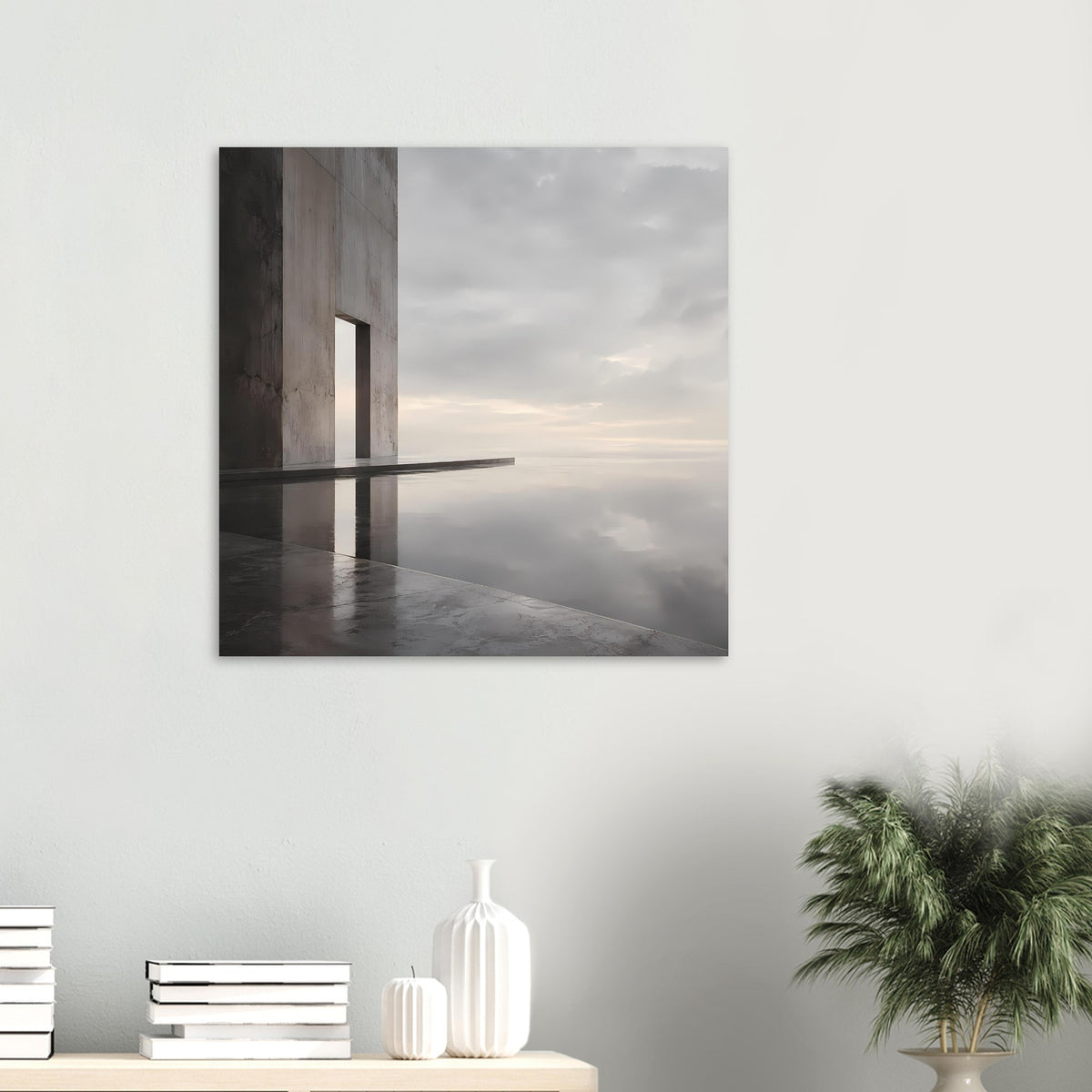 Quadratisches Architekturposter mit Betonbogen und spiegelnder Wasserlandschaft