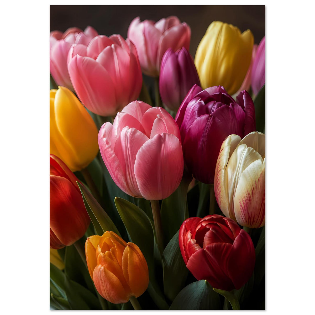 Tulpenstrauß-Poster im Hochformat, enger Bildausschnitt mit rosa, violetten und gelben Tulpen