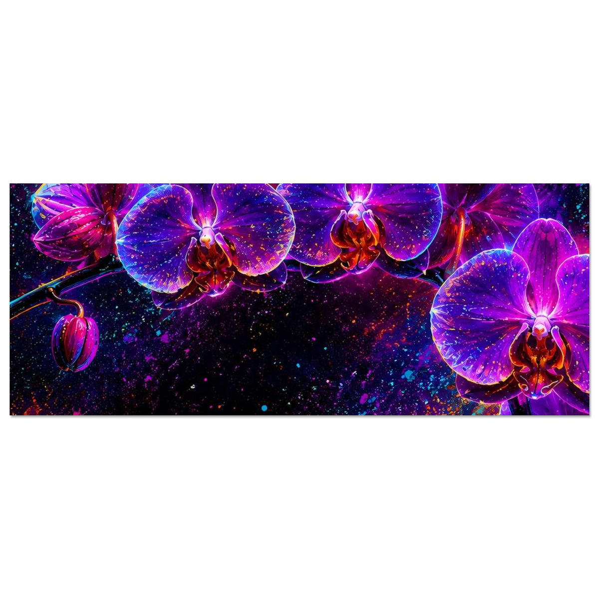 Abstraktes Blumenposter, horizontales Format: leuchtende Neon-Orchideen in Pink/Violett