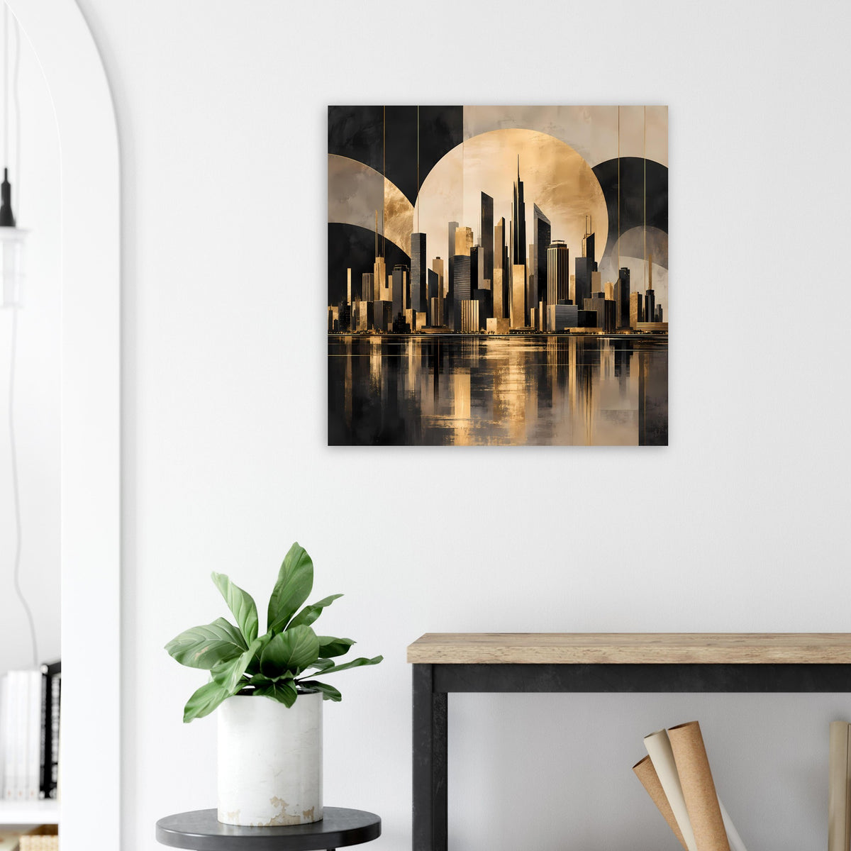 Gold-schwarzes Stadtposter mit Skyline und goldenem Kreis über ruhigem Wasser