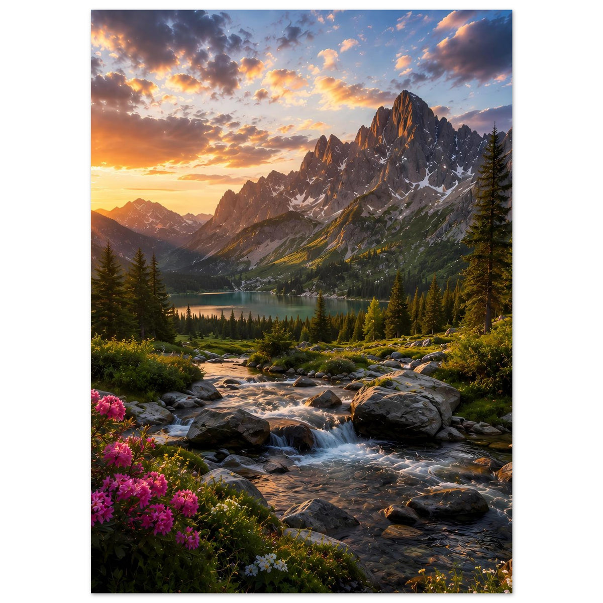 Hochformatiges Landschafts-Poster: Sonnenuntergang über Bergspitzen, See, Bachlauf und Fichten
