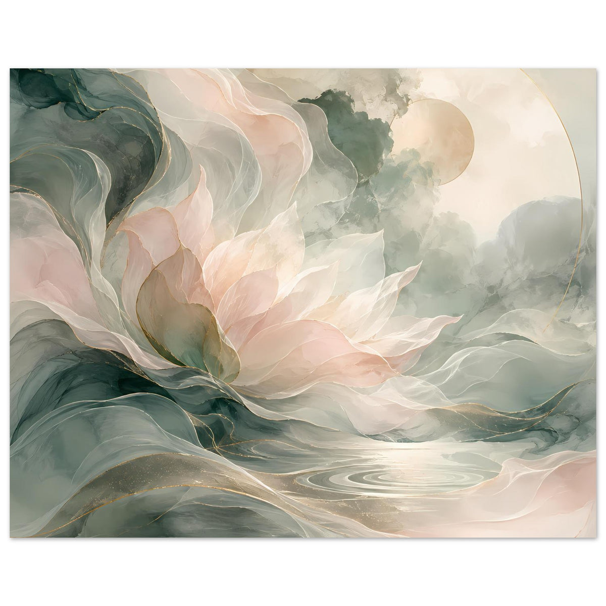 Florales Kunstposter im Querformat mit Wolken- und Wellenverlauf in Pastellrosa und Petrol