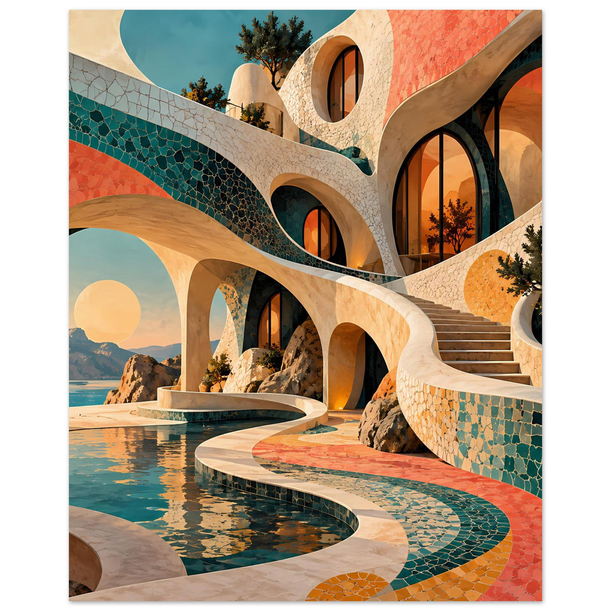 Kunstposter mit Rundbögen und Mosaikfassade in Türkis/Koralle, Wasserbecken