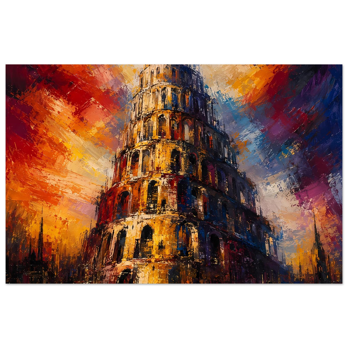 Druckposter Turm von Babel mit bunten Farbspuren, schwarzer Rand, Querformat.