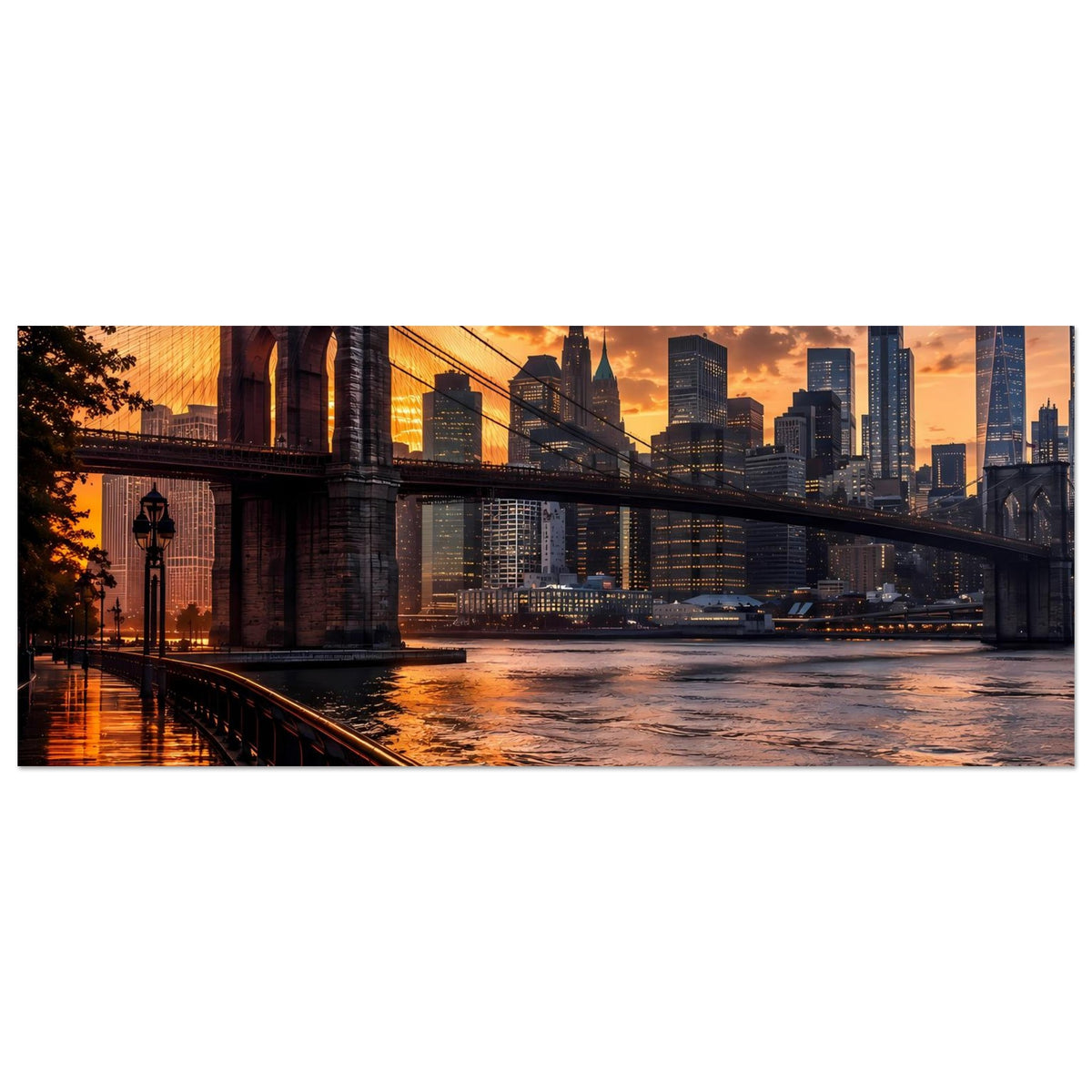 Breitformatiges Poster mit Brooklyn Bridge und Manhattan-Skyline, Fluss im Vordergrund