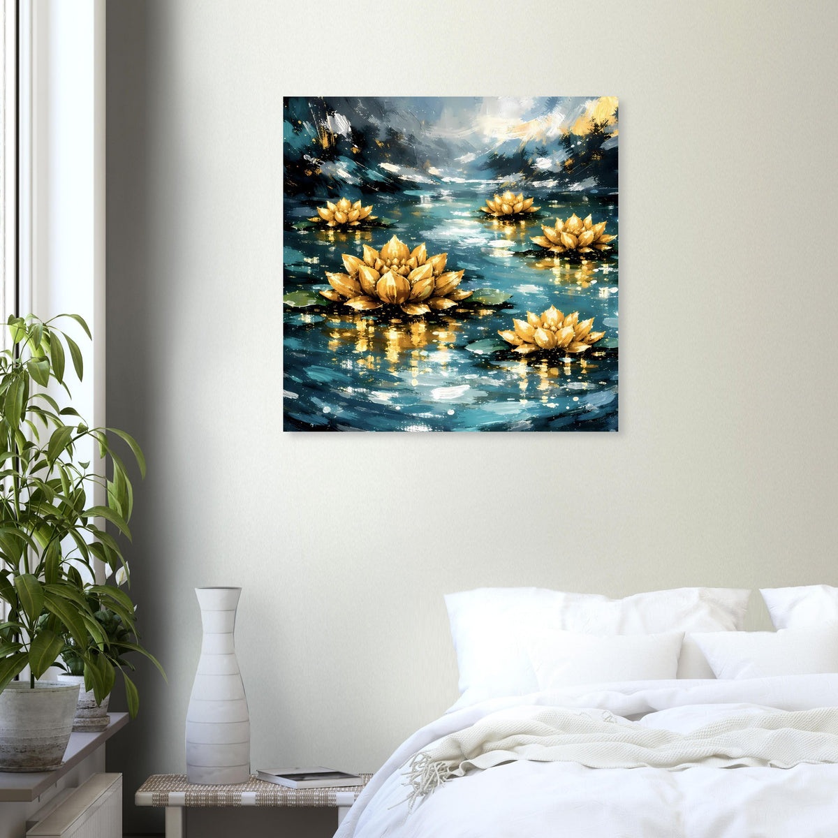 Quadratisches Poster mit goldenen Lotusblüten und Lichtreflexen auf Wasserfläche